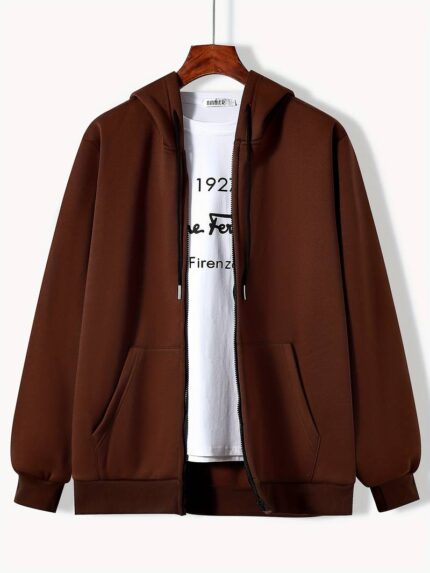 Solid Dark Brown Men's Zip-up Hoddie Soft & Comfy
